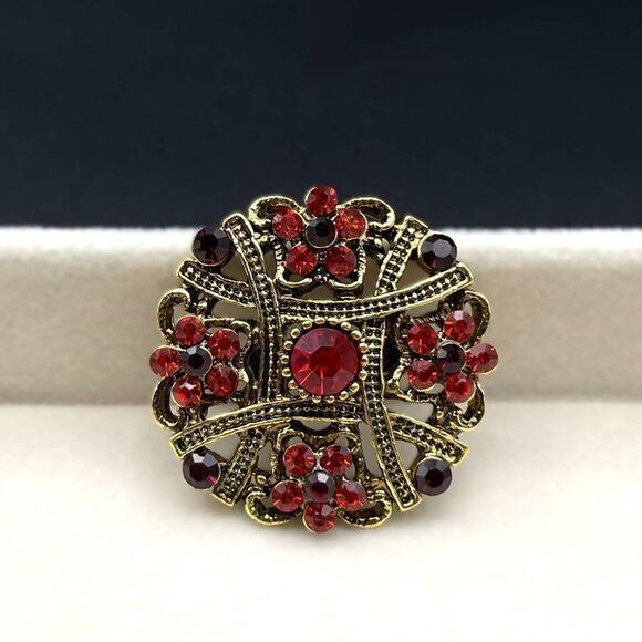 Yellow Gold with Ruby Red and Garnet Red Crystal Flower Pin Back Brooch - Picture 3 of 7